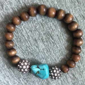 Big Turquoise Stone w/Wood/Rhinestones Bracelet